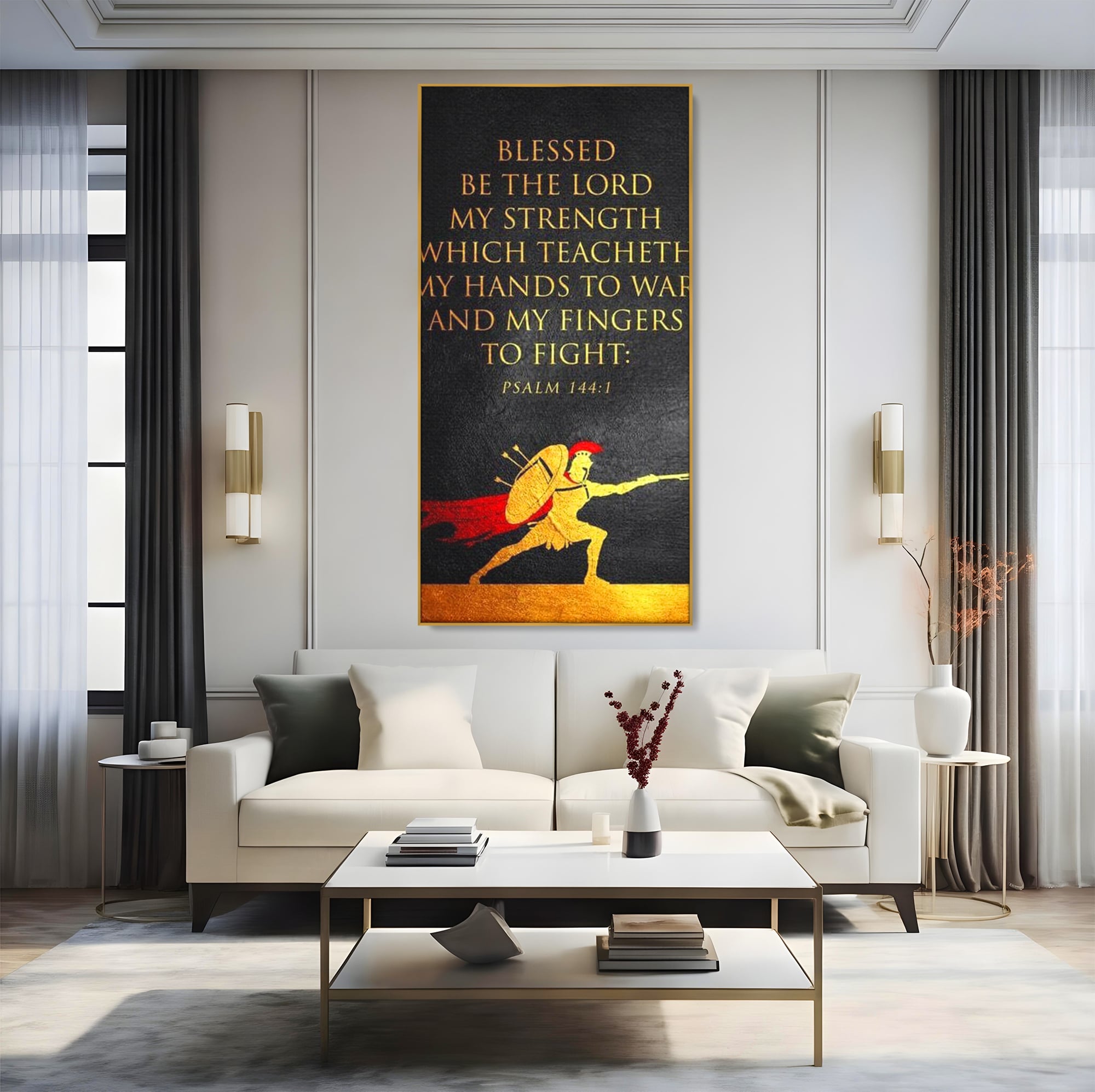 Tablou canvas cu tablou canvas cu razboinic antic si verset, in rama de aluminiu auriu, pe perete intr-un living